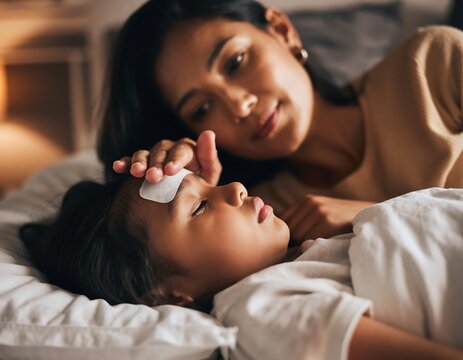 Caring mother checking temperature of sick child with cooling fever patch on forehead in darkened bedroom