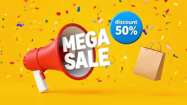 Mega Sale Megaphone with 50 Discount Sticker and Confetti
