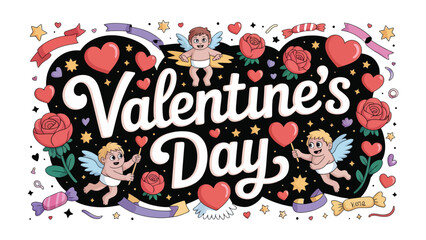 Valentine's Day: Capture the spirit of love with this whimsical illustration. Features cherubs, hearts, and roses, ideal for conveying feelings of endearment.