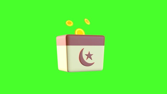 4K motion graphic 3D animation of islamic charity box icon rotating on chroma key green screen background.