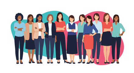 Obraz premium A diverse group of smiling professional women stands together, embodying strength, collaboration, and female empowerment.
