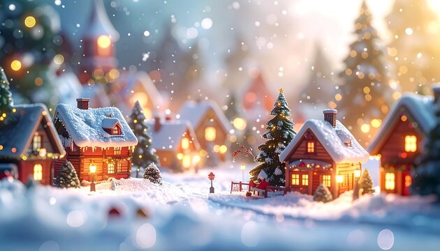 A wintry village scene glows warmly with snow-covered rooftops, twinkling lights, and holiday-themed evergreens amid falling snowflakes - Powered by Adobe