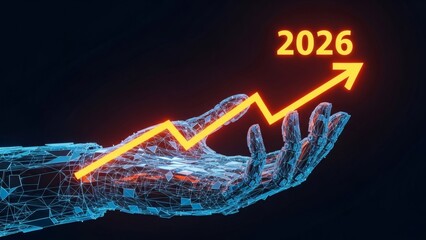 2026 Growth Wireframe Hand Reaches for Ascending Arrow with Dark Background.