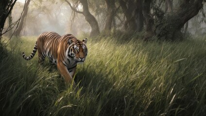 Majestic tiger prowling through lush green jungle environment, hunting prey.