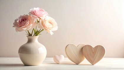 Pink ranunculus flowers in white vase with wooden heart decorations © HecoPhoto