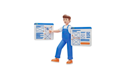 3D Male Character in Overalls Showing Website Wireframes on transparent background
