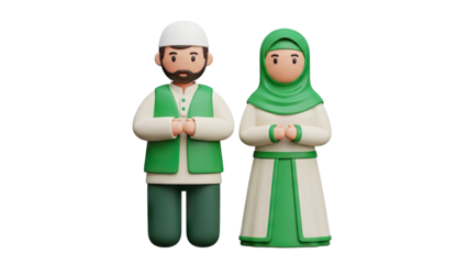 3D Muslim Couple 3D Cartoon Illustration on transparent background