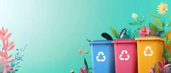 recycling and nature themes: photos of trees sprouting from waste, Earth held above trash, and green initiatives with ample blank spaces for environmental messages.