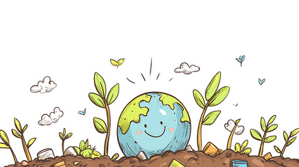 recycling and nature themes: photos of trees sprouting from waste, Earth held above trash, and green initiatives with ample blank spaces for environmental messages.