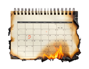A charred wall calendar with visible burn marks and flames at the bottom highlights the passage of time and urgency.