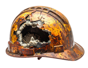 A worn and damaged hard hat with a significant hole, showcasing rust and decay, highlighting its age and the impact of heavy use.