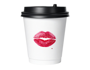 A coffee cup adorned with a bold red lip print, conveying a playful and stylish vibe.