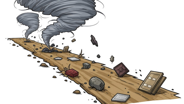 Destructive whirlwind tearing through a rural path scattering debris and remnants of structures