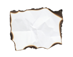 A crumpled and singed piece of white paper with uneven edges, displaying noticeable burn marks around its perimeter.