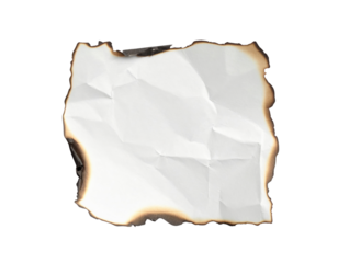 A crumpled, burnt piece of white paper with uneven edges, showcasing a mix of textures and shades from the burn marks.