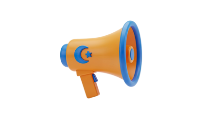 3D Orange and Blue Megaphone with Crescent Moon and Star on transparent background