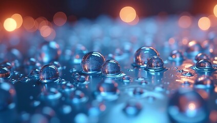 Macro shot of numerous water droplets on a blue surface reflecting warm orange bokeh lights in a blurred background