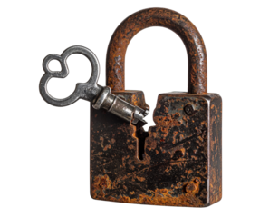 A vintage padlock with an ornate key, showcasing rust and wear, symbolizes security and mystery.