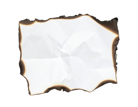 A crumpled and singed piece of white paper with uneven edges, displaying noticeable burn marks around its perimeter.