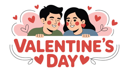 Valentine's Day Couple in Love: A cartoon couple gazing at each other lovingly, with Valentine's Day sign. surrounded by the iconic hearts. © Ajhar234