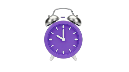 3D Purple alarm clock with silver bells and face on transparent background