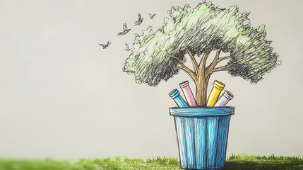 recycling and nature themes: photos of trees sprouting from waste, Earth held above trash, and green initiatives with ample blank spaces for environmental messages.