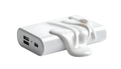 A sleek, white power bank with a melting cream-like texture flowing from one side, creating a unique and artistic appearance.
