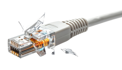 A damaged Ethernet connector with shattered plastic, revealing intricate internal wiring and structure.