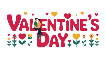 Valentine's Day Illustration: a couple share a tender moment atop colorful letter, surrounded by hearts and blossoms, a charming expression of love and affection.