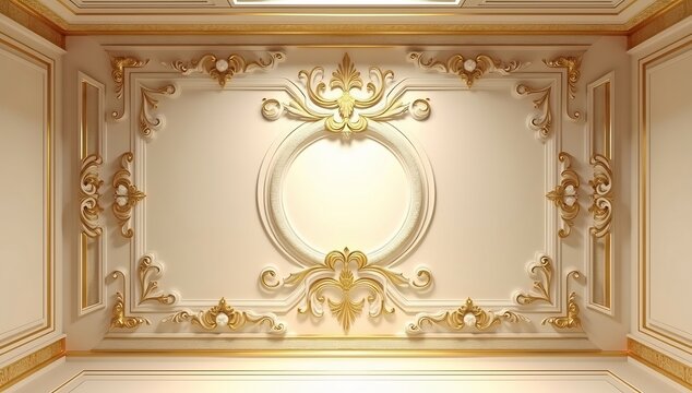 Ornate gold and white decorative wall panel featuring rococostyle scrollwork moldings and a central circular frame