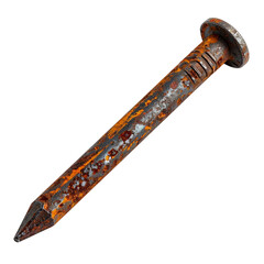 A rusty nail with a weathered appearance, showcasing a textured surface and a worn-out tip.