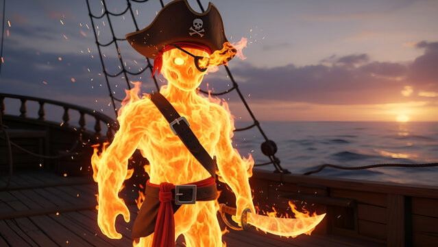 Fiery Pirate Specter on a Ship Deck at Sunset with Glowing Eyes and Burning Sword