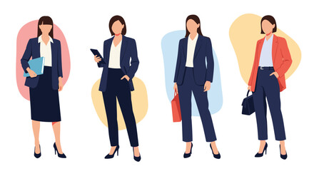 Four diverse professional businesswomen in smart corporate attire are depicted in a flat design illustration, standing confidently with various accessories.
