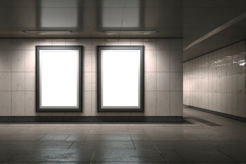 This image features a modern, clean underground passage, likely a transit station or urban corridor, presenting two prominent, blank advertising billboards. The contemporary architectural space is def