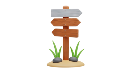 3D Wooden directional signpost with grass and rocks on transparent background