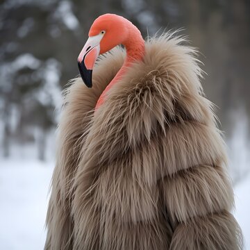 Flamingo dressed in a luxurious fur coat, frozen snowy forest in the background.