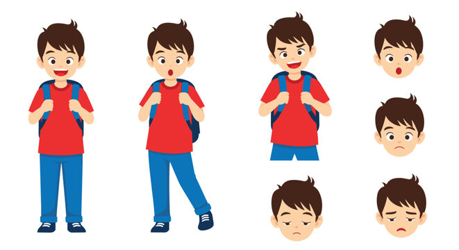 A cheerful cartoon schoolboy wearing a blue backpack, presenting various expressions and poses, ready for school.