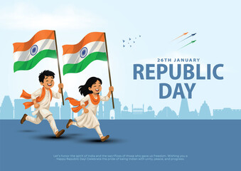 26 January Happy Republic Day Background Design with children holding indian flag Template Illustration, 77th Indian Republic Day for poster, banner, card.