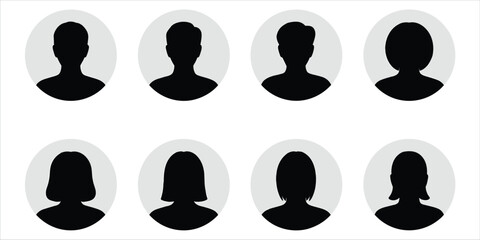 Set of eight black profile avatar icons with gray circles on white user person