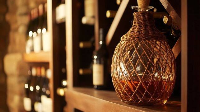 carboy. Large glass carboy with wicker wrapping on a wooden shelf, amber liquid inside in a rustic cellar. bar promotions, beverage menus, designed for food & beverage menus and cafe branding.