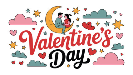 Valentine's Day Illustration: A charming illustration featuring a couple embracing on the crescent moon, adorned with hearts and stars, perfectly embodying love and affection. 