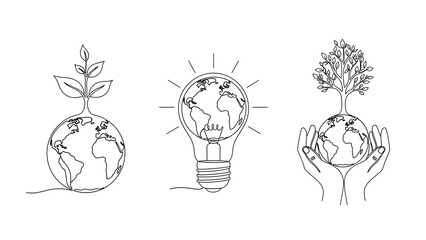 Earth with plant, light bulb, and hands holding tree, continuous line drawing