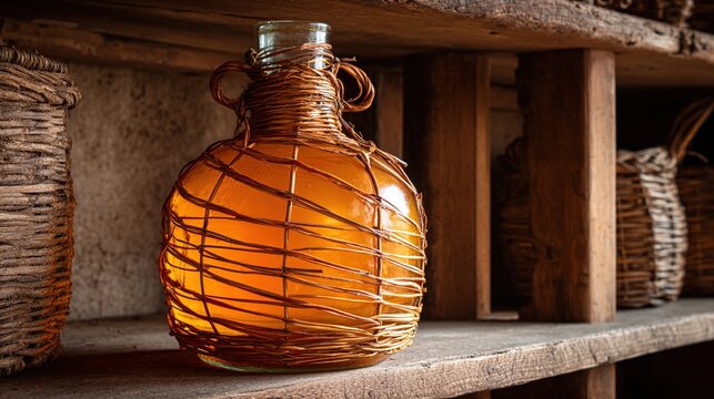 carboy. Large glass carboy with wicker wrapping on a wooden shelf, amber liquid inside in a rustic cellar. bar promotions, beverage menus, designed for food & beverage menus and cafe branding.