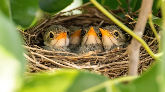 featherless. A mother bird with her wings spread, sheltering her baby birds. wildlife magazines, conservation campaigns, designed for wildlife conservation campaigns, used by presentation designers.