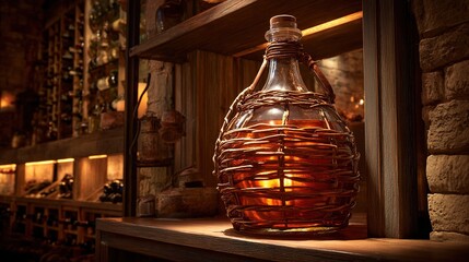 carboy. Large glass carboy with wicker wrapping on a wooden shelf, amber liquid inside in a rustic cellar. bar promotions, beverage menus, designed for food & beverage menus and cafe branding.