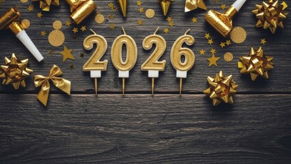 Golden 2026 Elegant New Year Celebration on Rustic Wood.