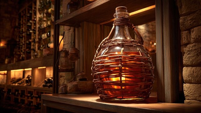 carboy. Large glass carboy with wicker wrapping on a wooden shelf, amber liquid inside in a rustic cellar. bar promotions, beverage menus, designed for food & beverage menus and cafe branding.