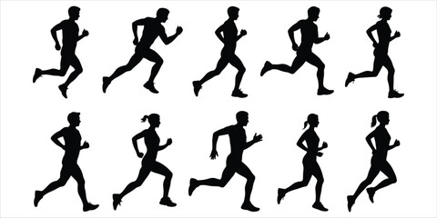 Ten black silhouette icons of runners in various dynamic poses on white background Keywords: runner, running, icon, silhouette