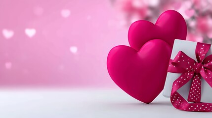Two Pink Hearts and a Gift Box with Red Ribbon on a White Table with Pink Bokeh Background