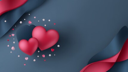 Two Red Hearts Floating On Dark Blue Background With Pink And White Confetti And Red Ribbons